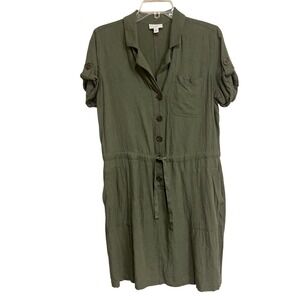 J. Jill Shirt Dress Utility Olive Army Green Linen Blend Short Sleeve Small